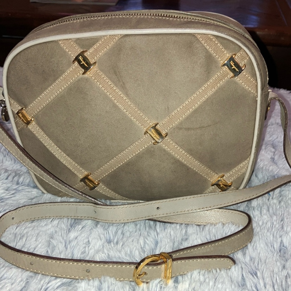 Salvatore Ferragamo Vintage taupe suede Crossbody Bag with gold hardware
